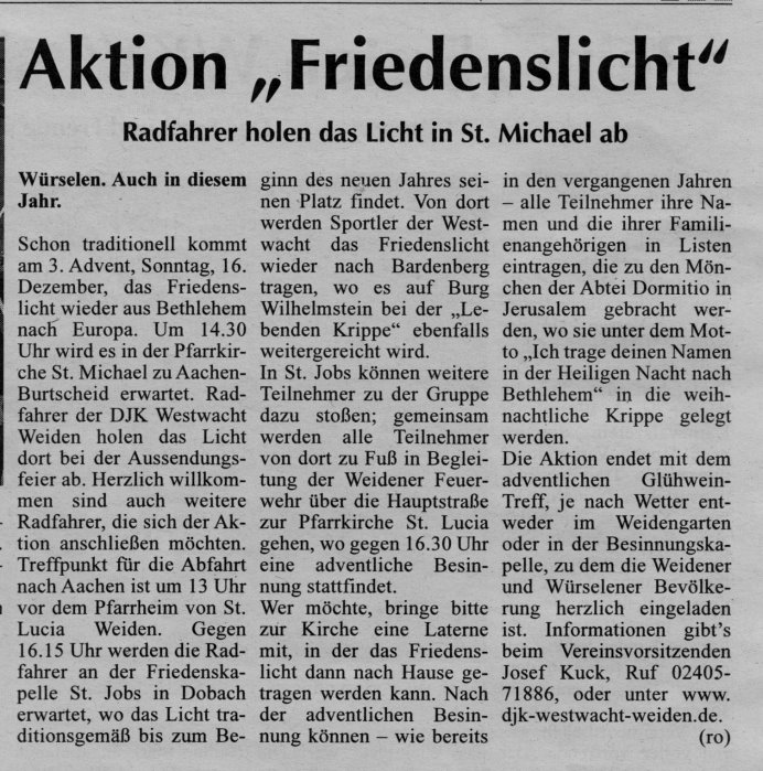 Vorbericht Einholen des Friedenslichtes