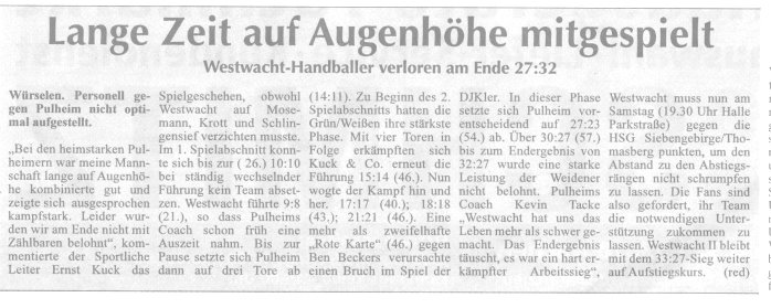 Westwacht-Handballer verlieren Oberliga-Spiel